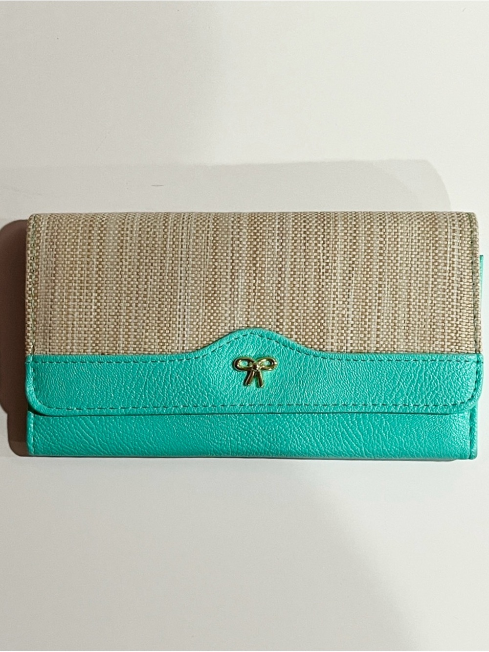 Tiffany Inspired Trifold Wallet Blue Leather & Natural Canvas